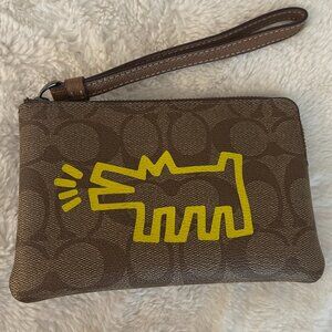Coach x Keith Haring Monogram Brown Leather-Trimmed Wristlet